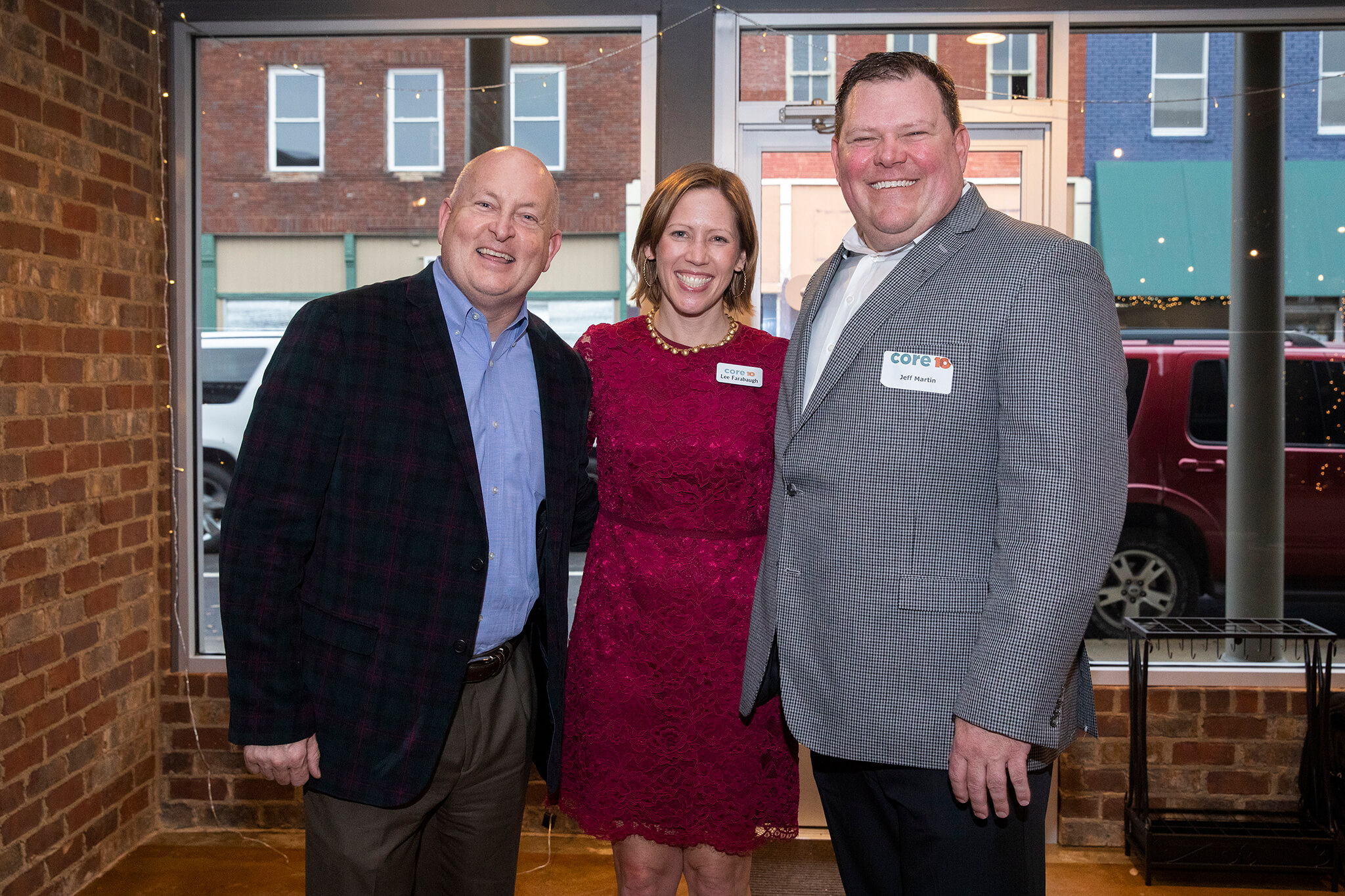 UT Martin Chancellor Keith Carver (left) is pictured with Core10 co-founders Lee Farabaugh (center) and Jeff Martin during the company’s Nov. 30 open house at their newest branch on Lindell Street in downtown Martin.